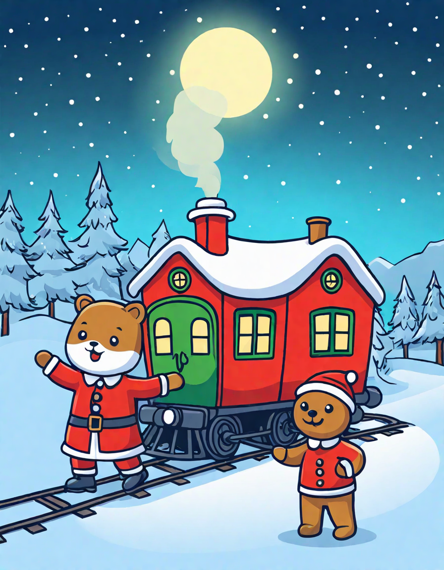 polar express coloring page with train, children, northern lights, and north pole village in color