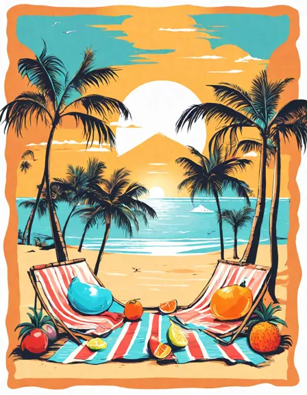 Coloring book image of tropical beach picnic scene with palm trees, ocean waves, colorful blanket, basket of fruits, and playful dolphins jumping in the sparkling water in color