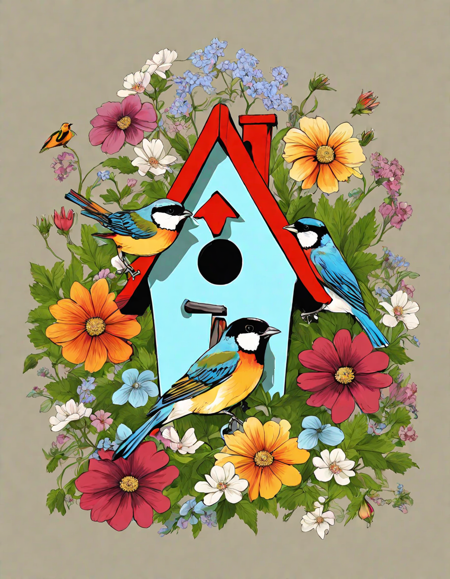 Coloring book image of cozy birdhouse amidst a blooming garden, with singing songbirds and colorful flowers in color