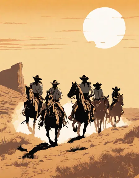 coloring book image of cowboys riding horses across plains at sunset with mountain silhouette in color