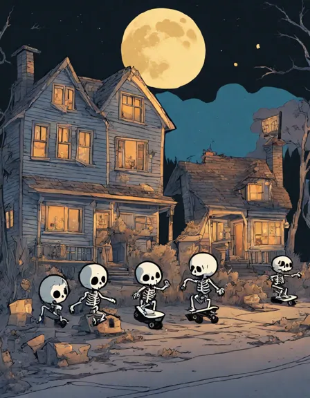 Coloring book image of skateboarding skeletons performing stunts in a spooky suburb under a full moon in color