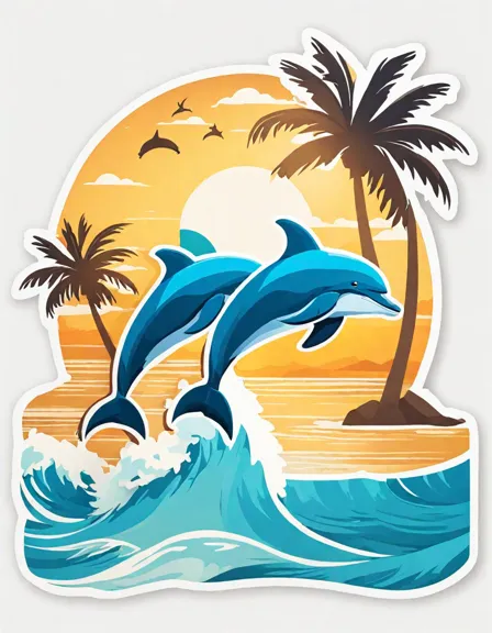 coloring book image of dolphins leaping over waves with a beach and sailboat background in color