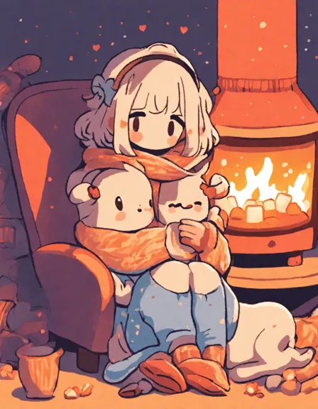Coloring book image of cozy winter evening by the fire, with a knitted blanket, armchair, cocoa, and crackling flames in color