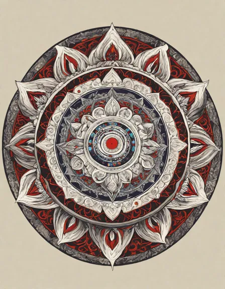 Coloring book image of intricate mandala design symbolizing ancient wisdom and meditative journey in color