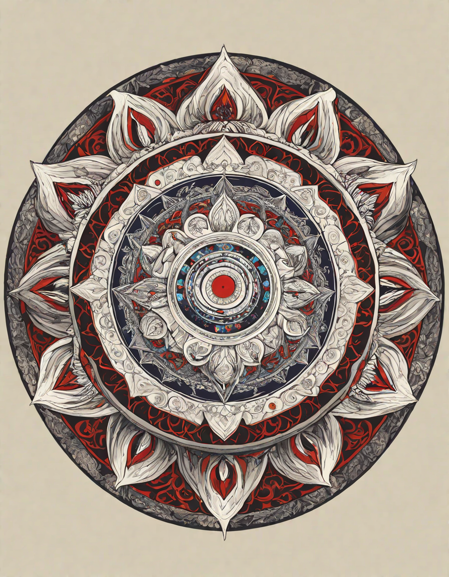 Coloring book image of intricate mandala design symbolizing ancient wisdom and meditative journey in color