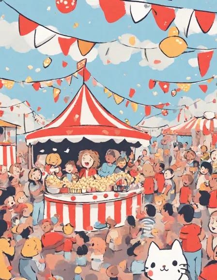 coloring book image depicting a vibrant circus snack stall with a jovial vendor, popcorn, cotton candy, and excited attendees in color