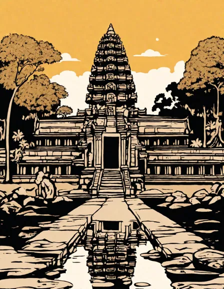 coloring book page of angkor wat temple at sunrise with intricate carvings and towering spires in color
