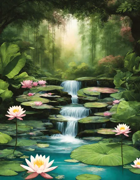 tranquil waterfall oasis adult coloring page featuring lush foliage, cascading waterfall, clear pond, pebble banks, and water lilies in color