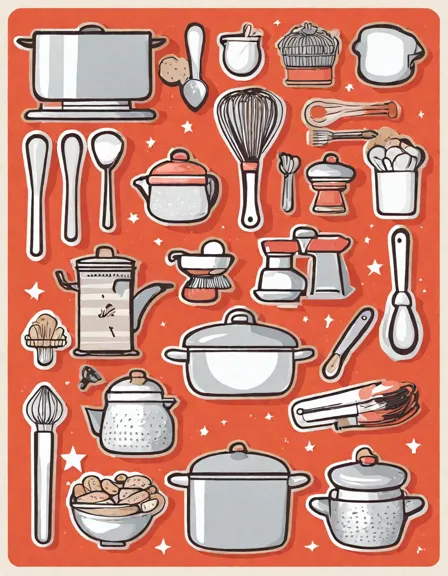 coloring page of a bustling kitchen filled with various cooking tools and gadgets in color