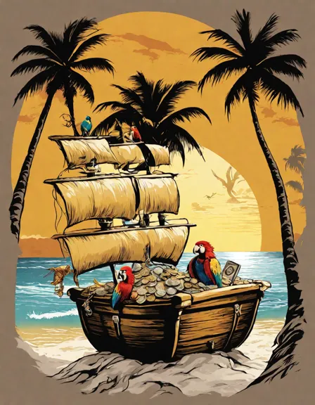 Coloring book image of pirates celebrating with treasure on a tropical beach at sunset with parrots and a pirate flag in color