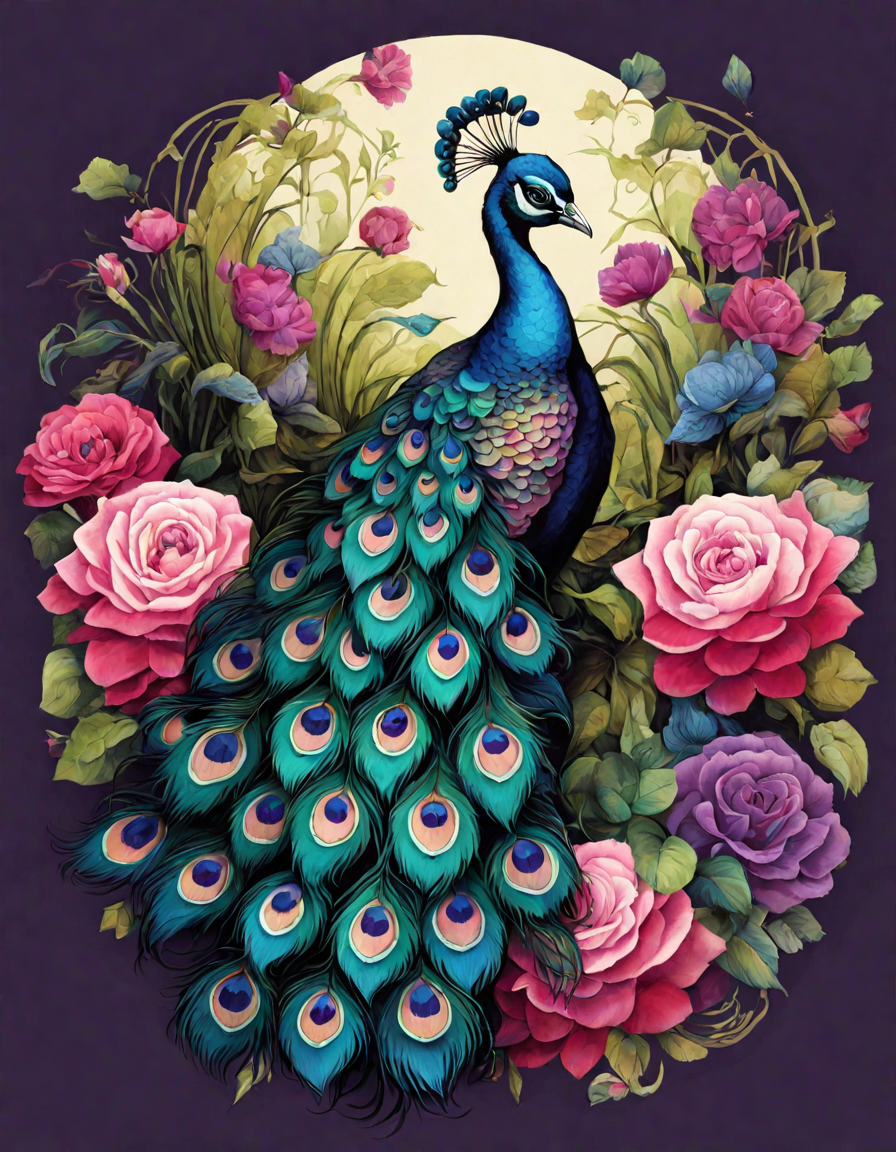 coloring book page featuring a peacock in a garden with vibrant flowers and cobblestone path in color