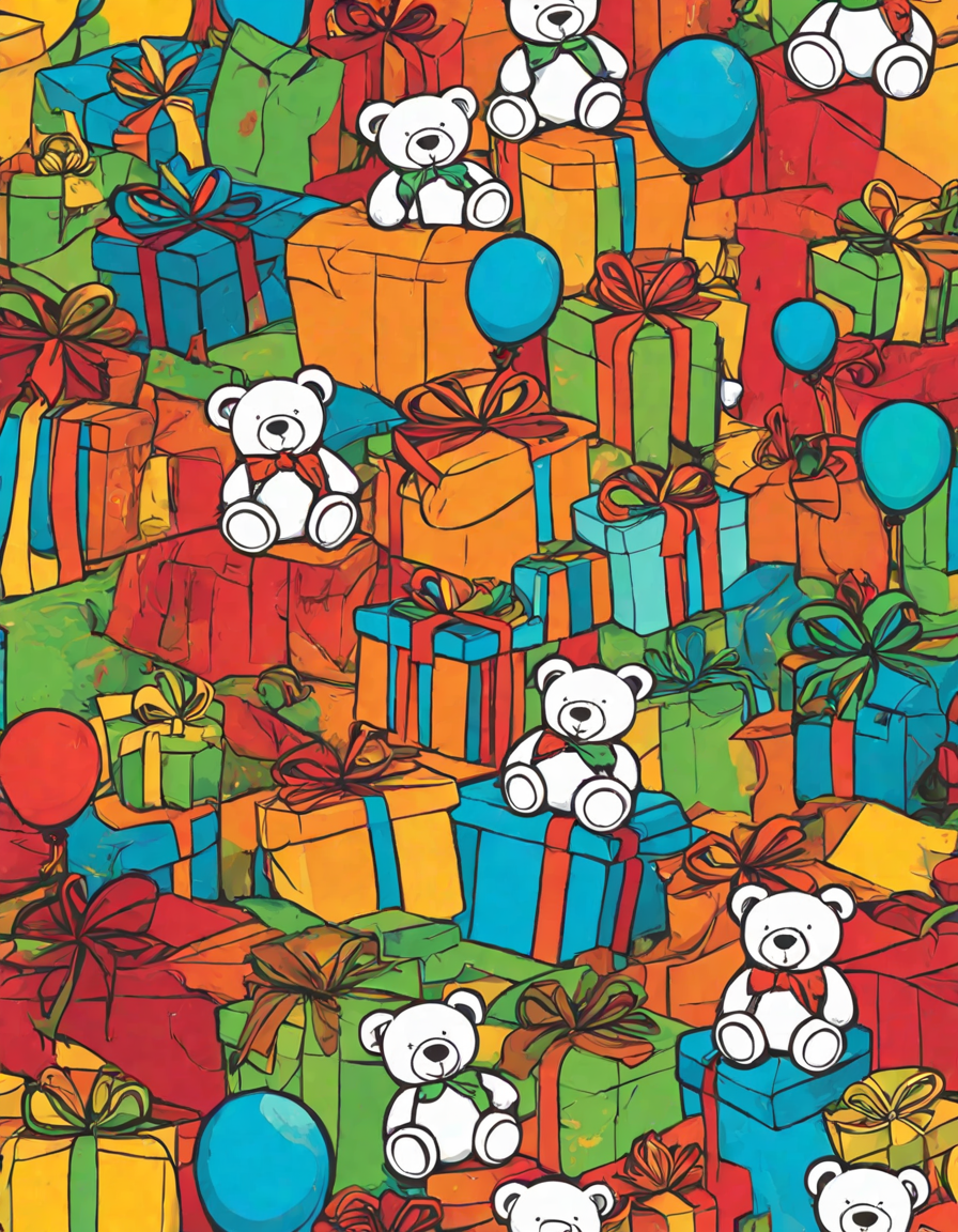 coloring book page featuring a pile of gifts with playful wrapping, surrounded by children and balloons in color