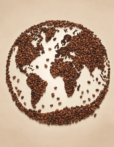 Coloring book image of map of the world sketched in coffee beans with distinct regions, flavors, and unique aroma in color