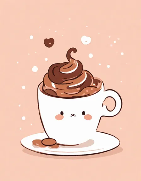 intricate coloring book depicting a steaming mocha with velvety froth and rich chocolate swirls, inviting relaxation and caffeinated bliss in color