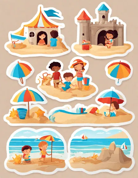 coloring book page featuring kids building a sandcastle by the sea, with sun umbrellas and sailboats in color