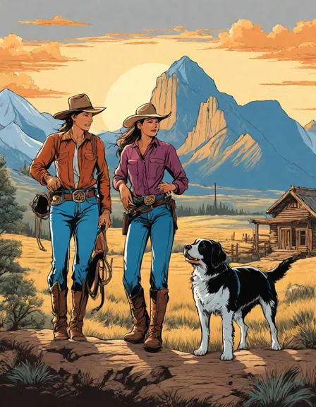family building homestead in the wild west on a coloring page with mountains in the background in color