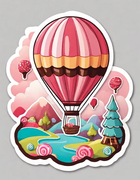 coloring page of a hot air balloon made of bubblegum floating over candy land in color