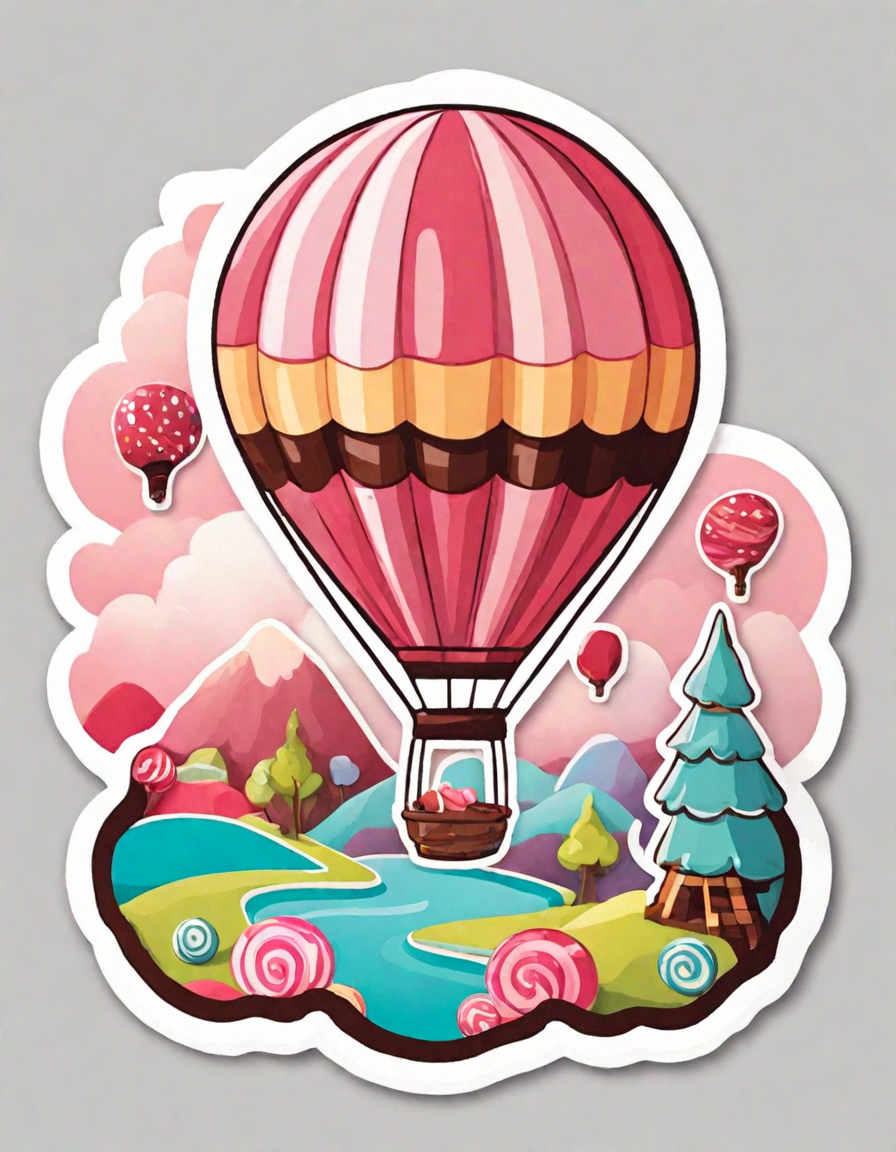 coloring page of a hot air balloon made of bubblegum floating over candy land in color
