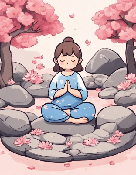 the zen garden yoga flow coloring book page featuring a yogi in serene pose amidst bonsai trees and cherry blossoms in color
