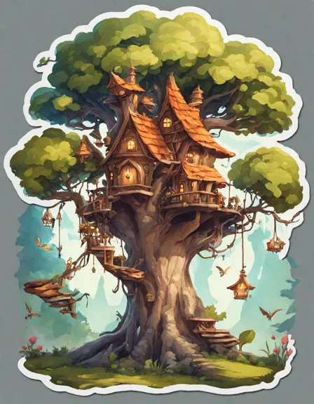 coloring page of the treehouse kingdom with fairies, a dragon, and elves in an ancient tree in color