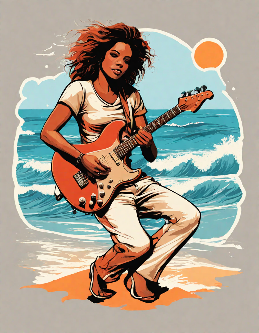 Coloring book image of beach band plays lively music on sandy shores with drummer, guitarist, and saxophonist, surrounded by ocean waves in color