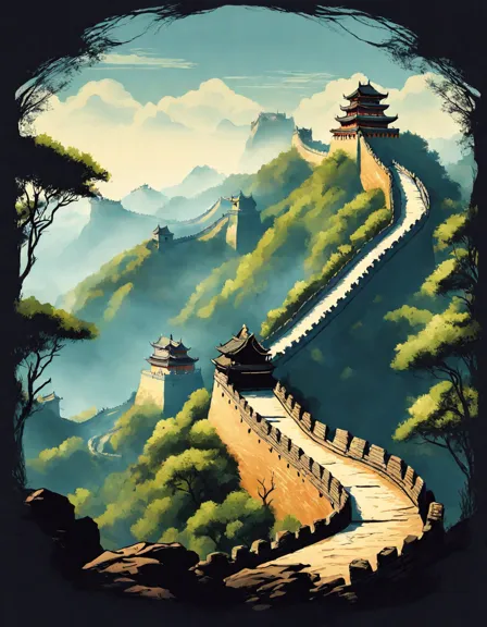 great wall of china coloring page with watchtowers, soldiers, traders in mountainous landscape in color