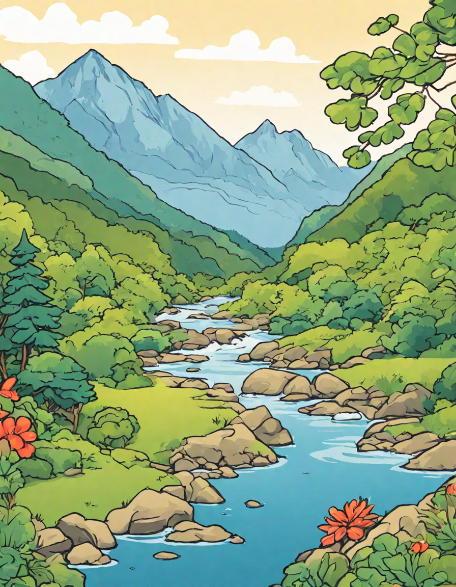 Coloring book image of panoramic valley with river, mountains, and diverse wildlife in color