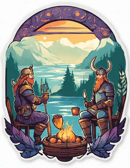 Coloring book image of vikings celebrating with a feast under aurora borealis, with ships in the fjord background in color