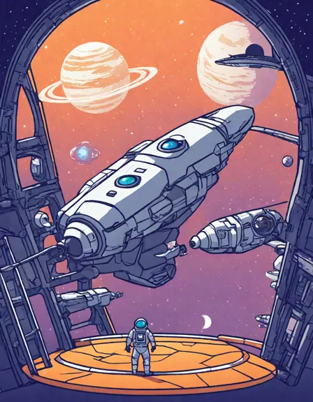 Coloring book image of futuristic spaceship docking at a space station orbiting a galaxy with astronauts visible in color