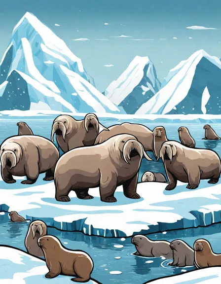 arctic paradise in coloring book page: majestic walrus colony on ice floes with playful calves and intricate details in color