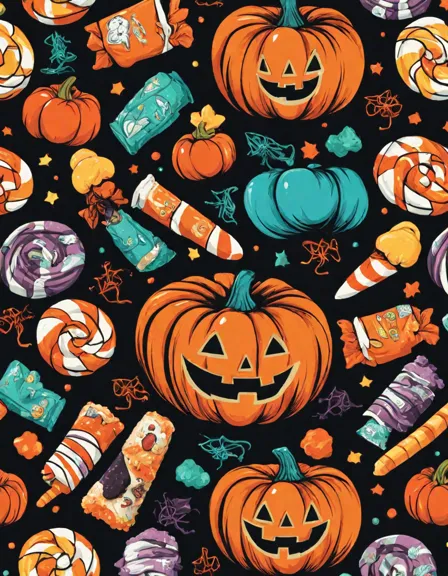 halloween coloring book page with candy corn, treat bags, and assorted sweets in color