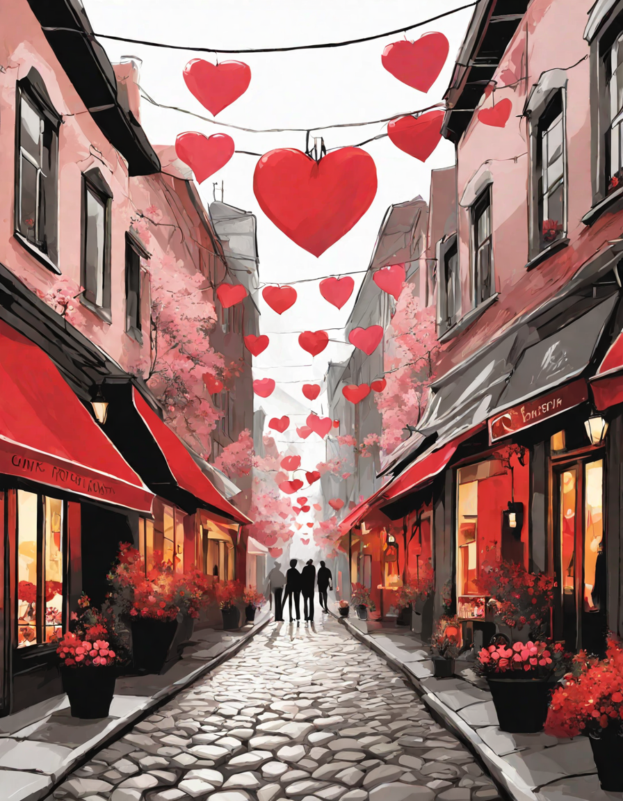 valentine's day themed coloring book page featuring a bustling main street with heart decorations in color