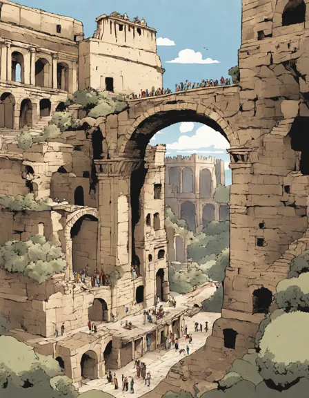 ancient roman aqueducts coloring page with detailed arches and stones against a roman skyline, perfect for history and architecture enthusiasts in color