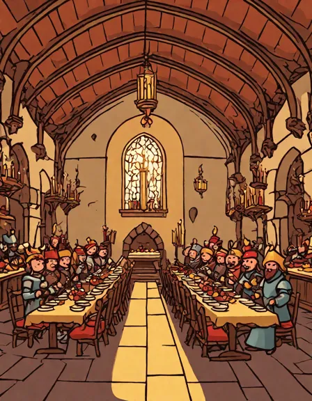 coloring page of a medieval feast in a castle with a king, knights, and a banquet in color