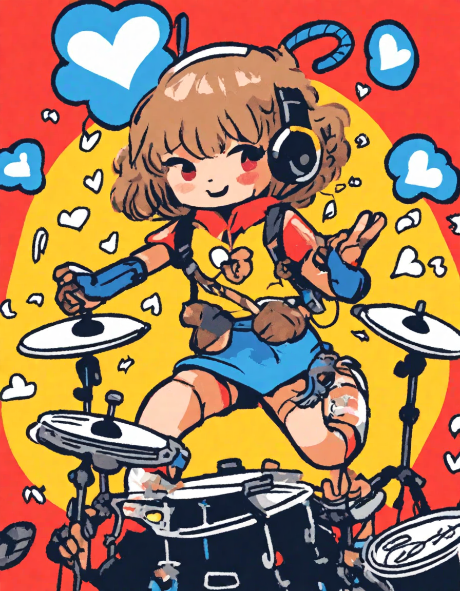 Coloring book image of drummer with fingers flying over drum heads in a captivating solo in color