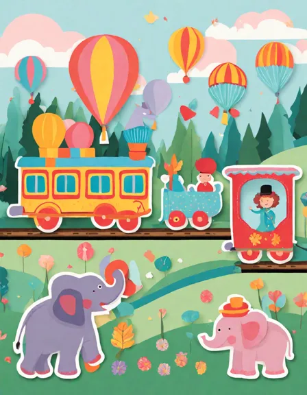 colorful 'traveling circus train extravaganza' coloring page with animals and performers in color