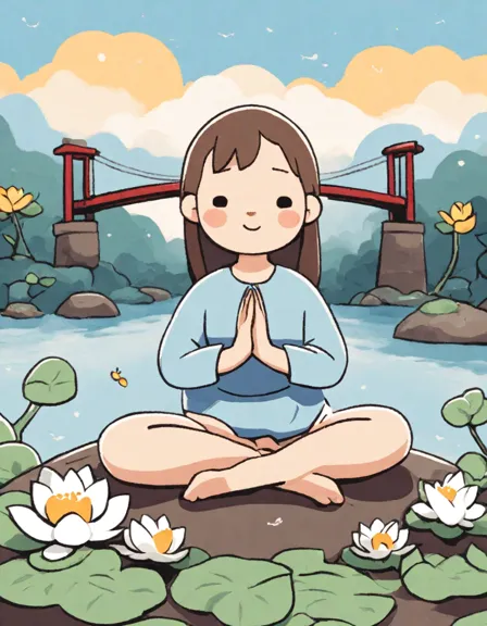 yoga coloring book page featuring the bridge pose, surrounded by lotus flowers and a serene sunrise landscape in color