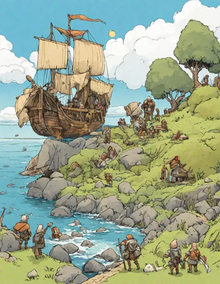 coloring book page of vikings discovering vinland with a detailed longship and lush landscapes in color