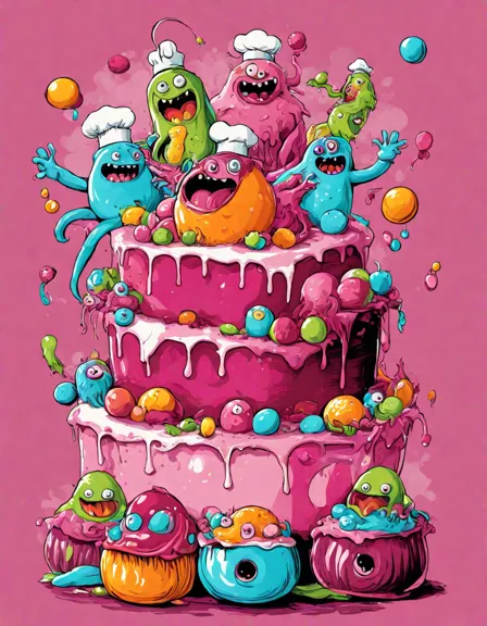 Coloring book image of whimsical monsters in chef hats participating in the great monster bake-off in a colorful, chaotic kitchen in color