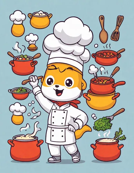 coloring book page of a joyful chef in a magical kitchen with oversized ingredients and tools in color