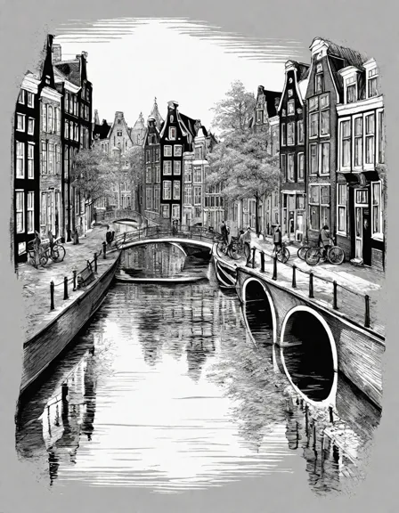 coloring page featuring amsterdam's canals with historic houses and bridges in color