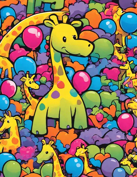 Coloring book image of goofy monsters making balloon animals, highlighted by a three-eyed monster creating a giraffe in color