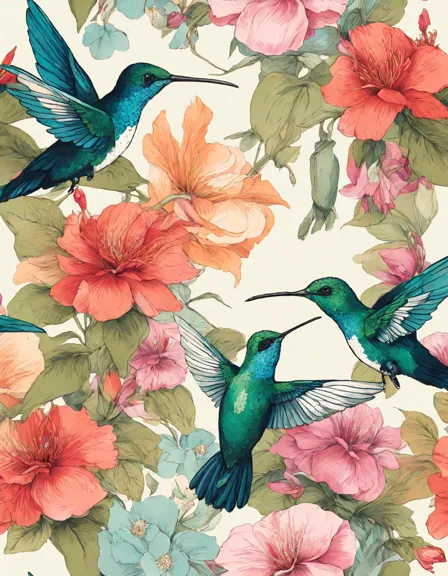 hues of hummingbirds coloring page: dive into a tranquil garden paradise filled with hummingbirds and blooming flowers in color