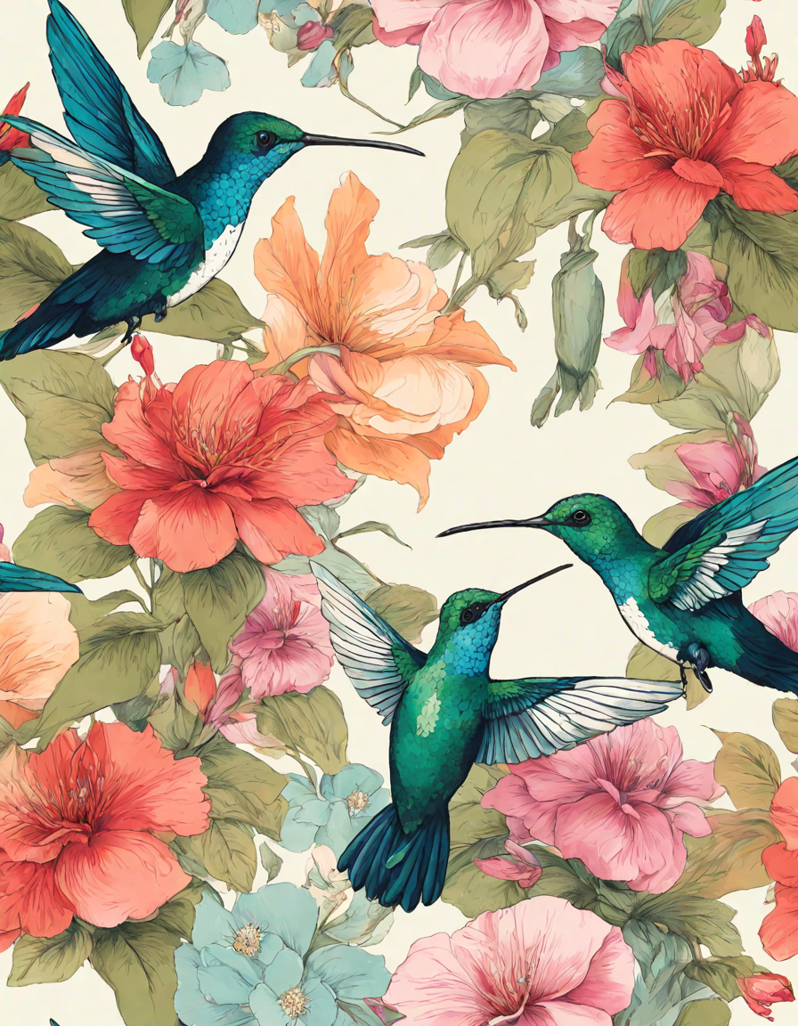 hues of hummingbirds coloring page: dive into a tranquil garden paradise filled with hummingbirds and blooming flowers in color