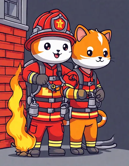 Coloring book image of firefighters battling a massive blaze to rescue a kitten, with vibrant flames and smoke background in color