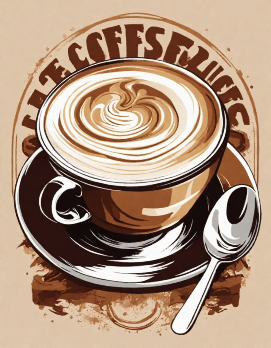 coffee-themed coloring page featuring coffee éclairs, tiramisu, and cappuccinos in color