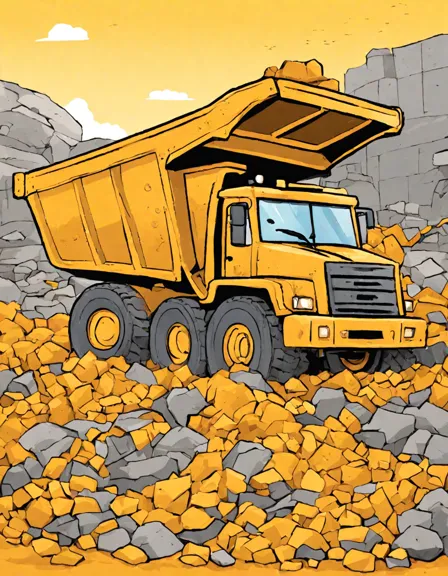 Coloring book image of yellow dump truck unloading gravel at a busy construction site with visible orange cones in color