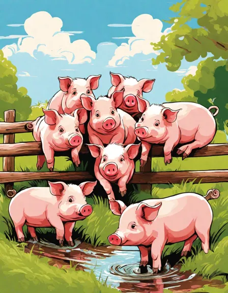 Coloring book image of three joyful pigs playing in a muddy puddle on a sunny farm, framed by a wooden fence and bush in color