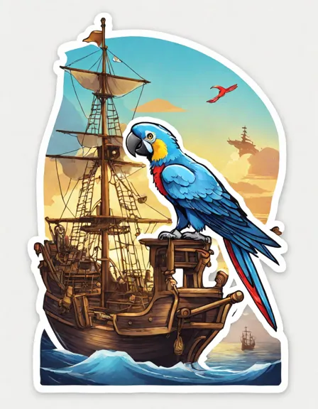 intricate coloring page featuring a parrot's view atop a pirate ship with busy crew and open sea in color