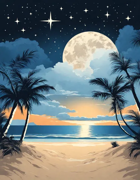 tropical beach at night with calm sea, stars shimmering overhead, and lone palm tree silhouette. perfect for coloring enthusiasts in color